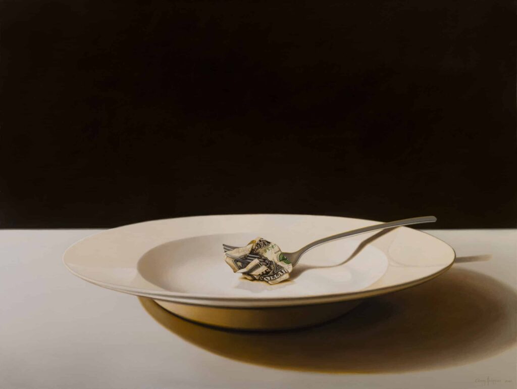 Bon Appétit painting by Eliecer Rodriguez, featuring a half-eaten dollar bill on a fork, which rests on a plate.