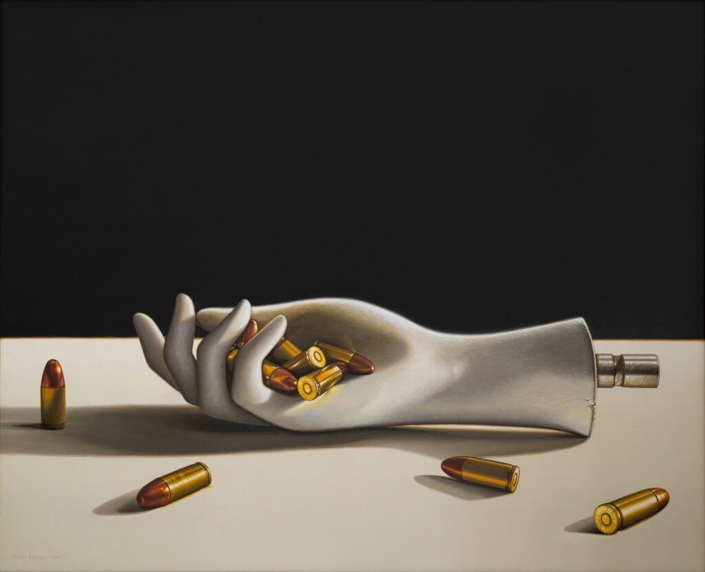 Painting by Eliecer Rodriguez featuring a mannequin-like severed hand clutching gold bullets as they spill onto the table. The painting is unsettling, commenting on our disrespect of environmental concerns.