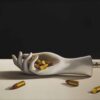 Gold bullet painting by Eliecer Rodriguez featuring a mannequin-like severed hand clutching gold bullets as they spill onto the table. The painting is unsettling, commenting on our disrespect of environmental concerns.