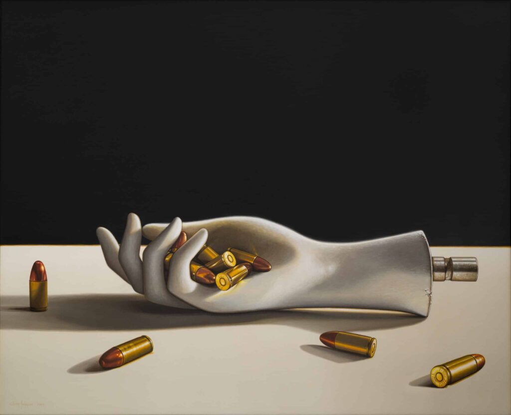 Gold bullet painting by Eliecer Rodriguez featuring a mannequin-like severed hand clutching gold bullets as they spill onto the table. The painting is unsettling, commenting on our disrespect of environmental concerns.