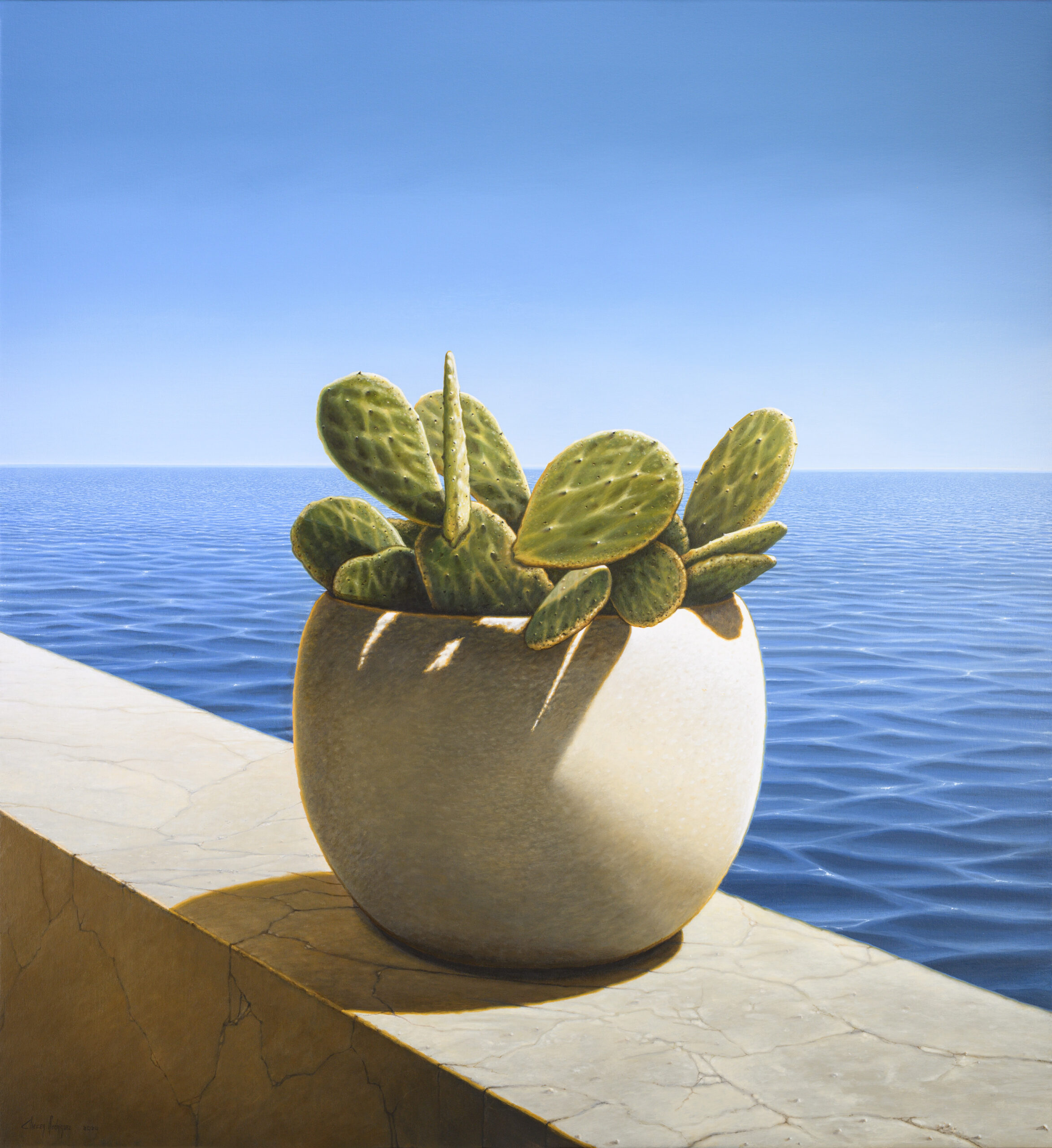 A hyperreal cactus painting by Eliecer Rodriguez featuring a potted cactus sitting on a ledge with the expanse of the ocean in the background.