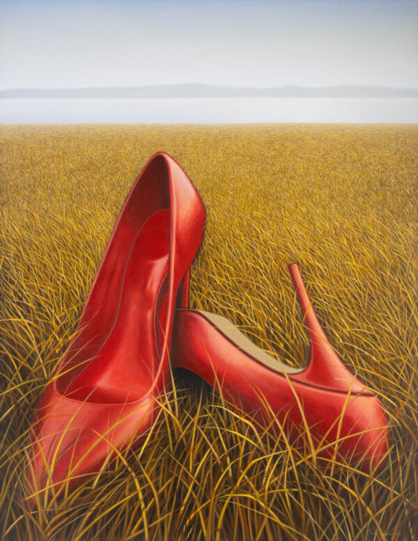 Painting of two red high-heeled shoes in the foreground where a grassy field stretches back to a faint suggestion of water and mountains in the background. By Costa Rican artist Eliecer Rodriguez, referencing the impact of consumerism on our environment and Costa Rica wildlife.