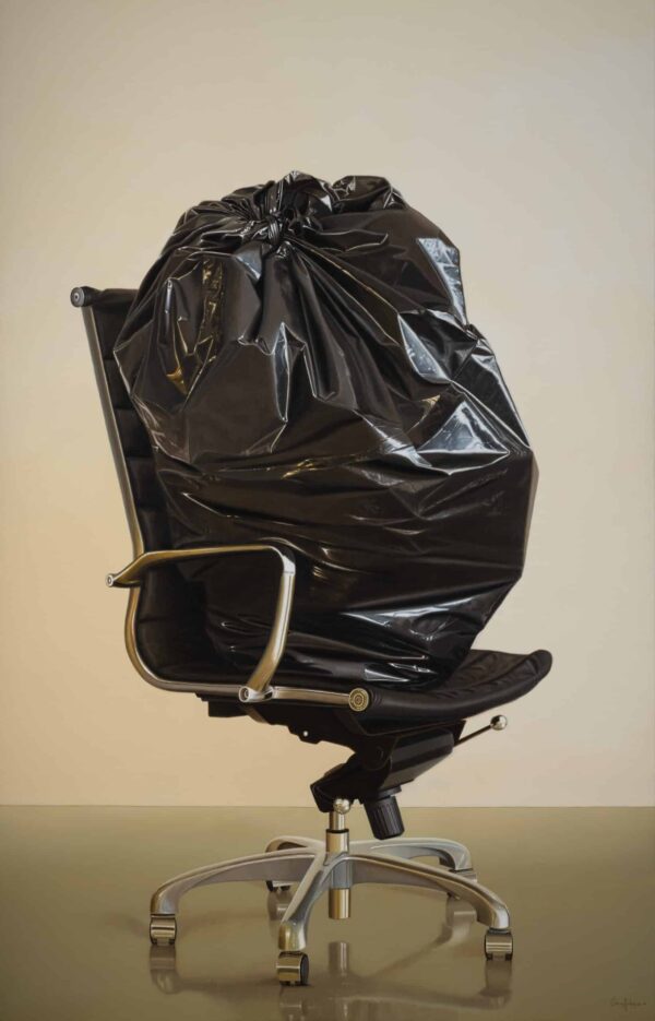 Power chair painting by Eliecer Rodiguez, featuring a full garbage bag sitting on a wheeled chair.