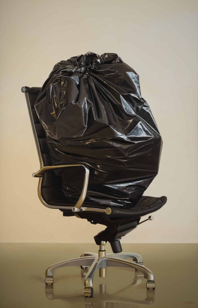 Power chair painting by Eliecer Rodiguez, featuring a full garbage bag sitting on a wheeled chair.