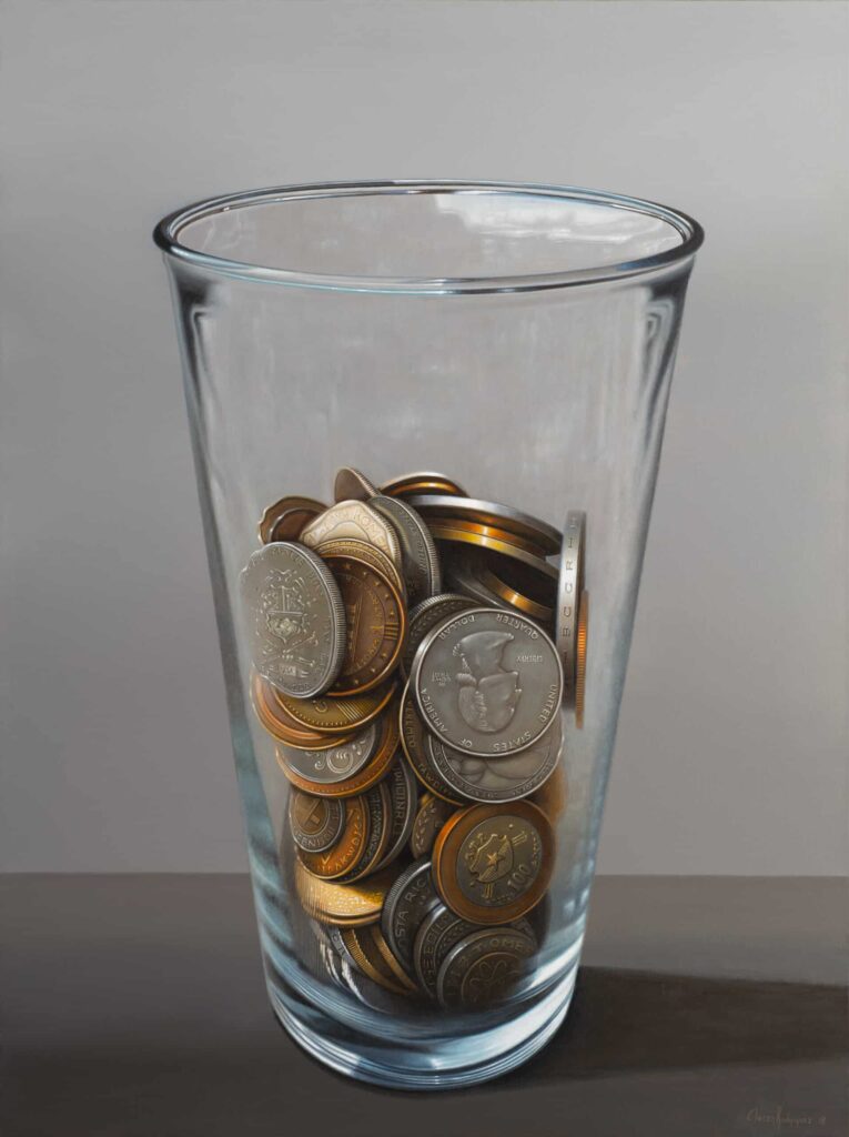 Valores, a values painting, by Eliecer Rodriguez, featuringf a glass half filled with coins.