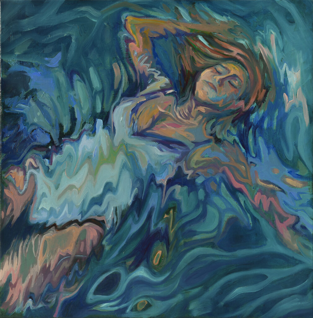 A serene transformation painting featuring a young woman in the water, floating on her back, by Karla Herencia.