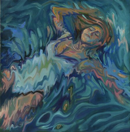 A serene transformation painting featuring a young woman in the water, floating on her back, by Karla Herencia.