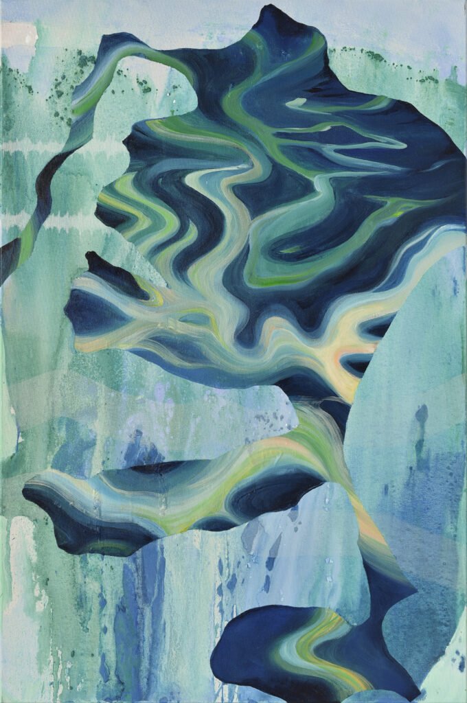 contemporary abstract ocean painting, featuring blue, green, pink and yellow tones evoking the ocean.