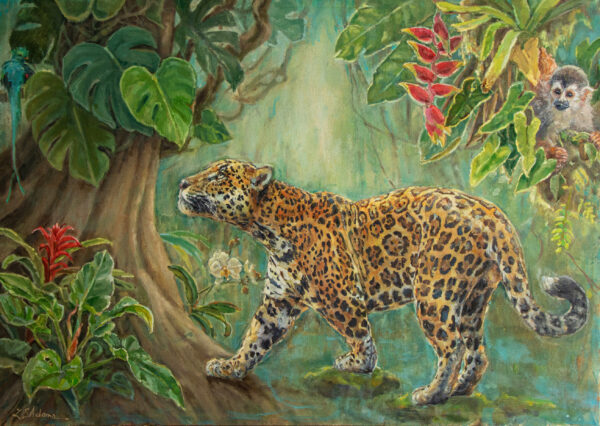 Dreamlike painting of a jaguar walking through a lush rainforest with a capuchin monkey and quetzal, as well as a variety of trees and flora.