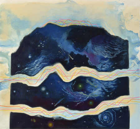 An abstract mountain painting featuring a solid blue, purple and black shape set against a blue and yellow background.