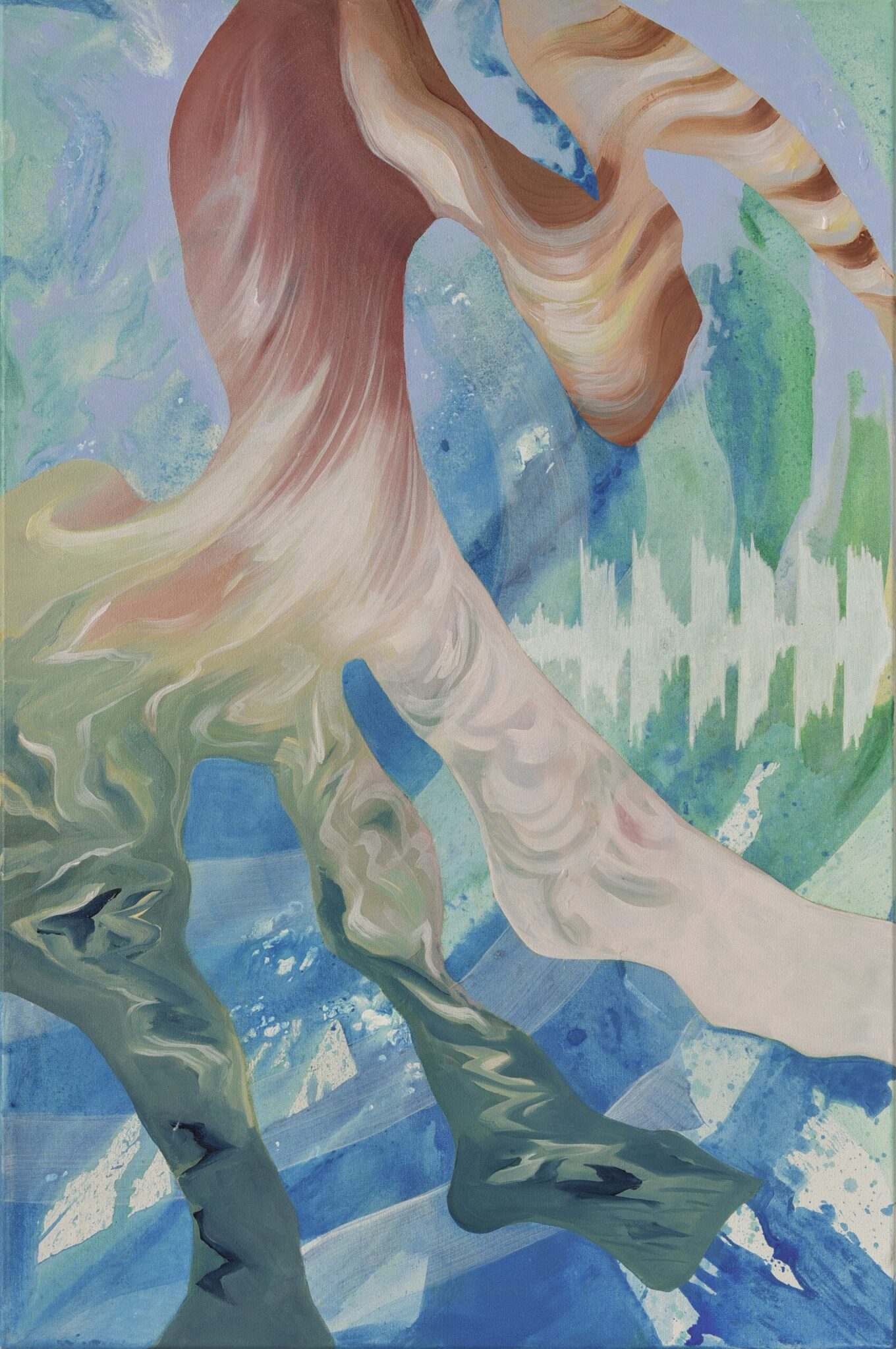 An abstract Sensitive Oceanographies painting featuring colours and forms evocative of the ocean. By karla Herencia who is part of the Costa Rican and Latin American art scene.