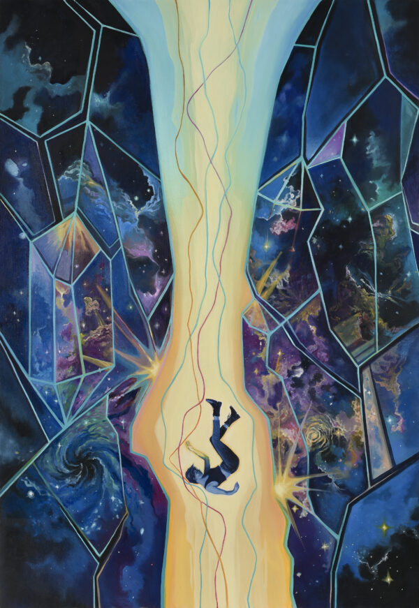 A cosmic freefall painting of a figure falling through a central void, surrounded by fracturing blue, purple and black crystal-like shards, by Karla Herencia.