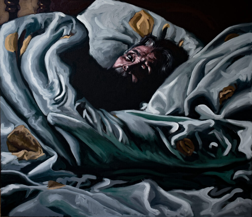 Intimate painting of a figure enveloped in bedsheets. It's an example of Baroque tenebrism with striking contrasts of shadow and light.