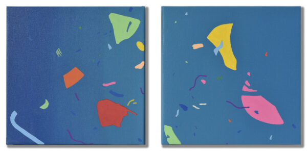 An abstract ocean diptych, with blue backgrounds and specks of colour, representing plastic in the ocean.