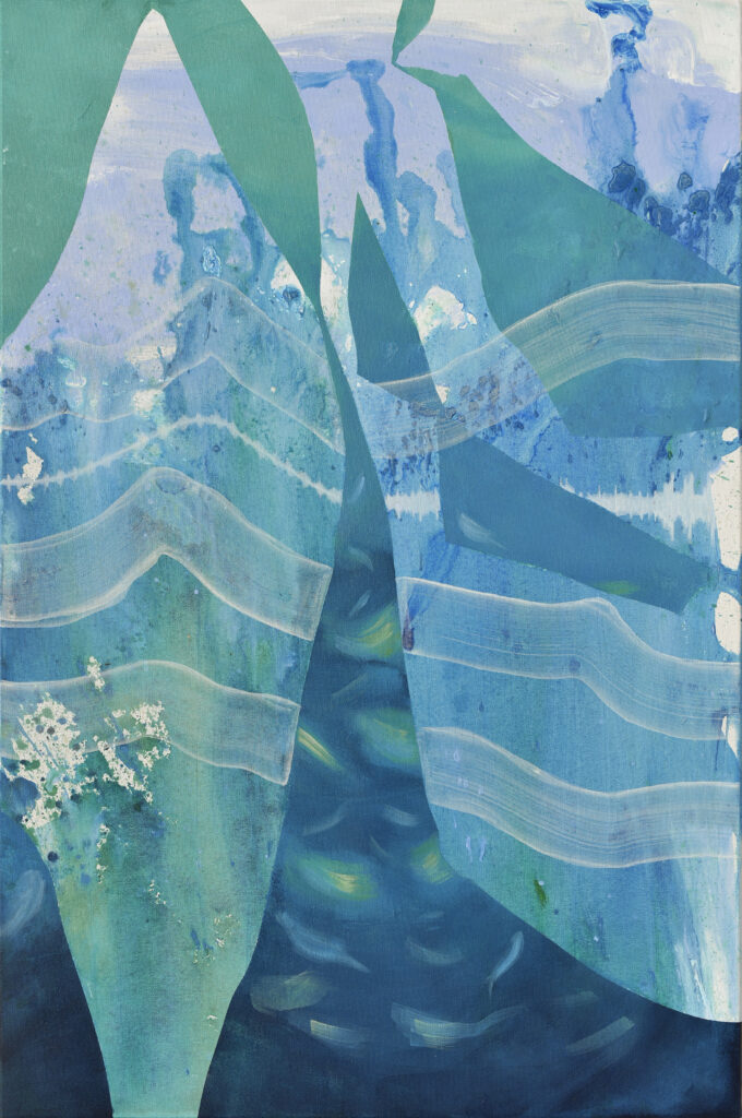 Abstract Ocean art, an acrylic painting depicting images of water, reflecting the ocean with blue, green and pink tones.