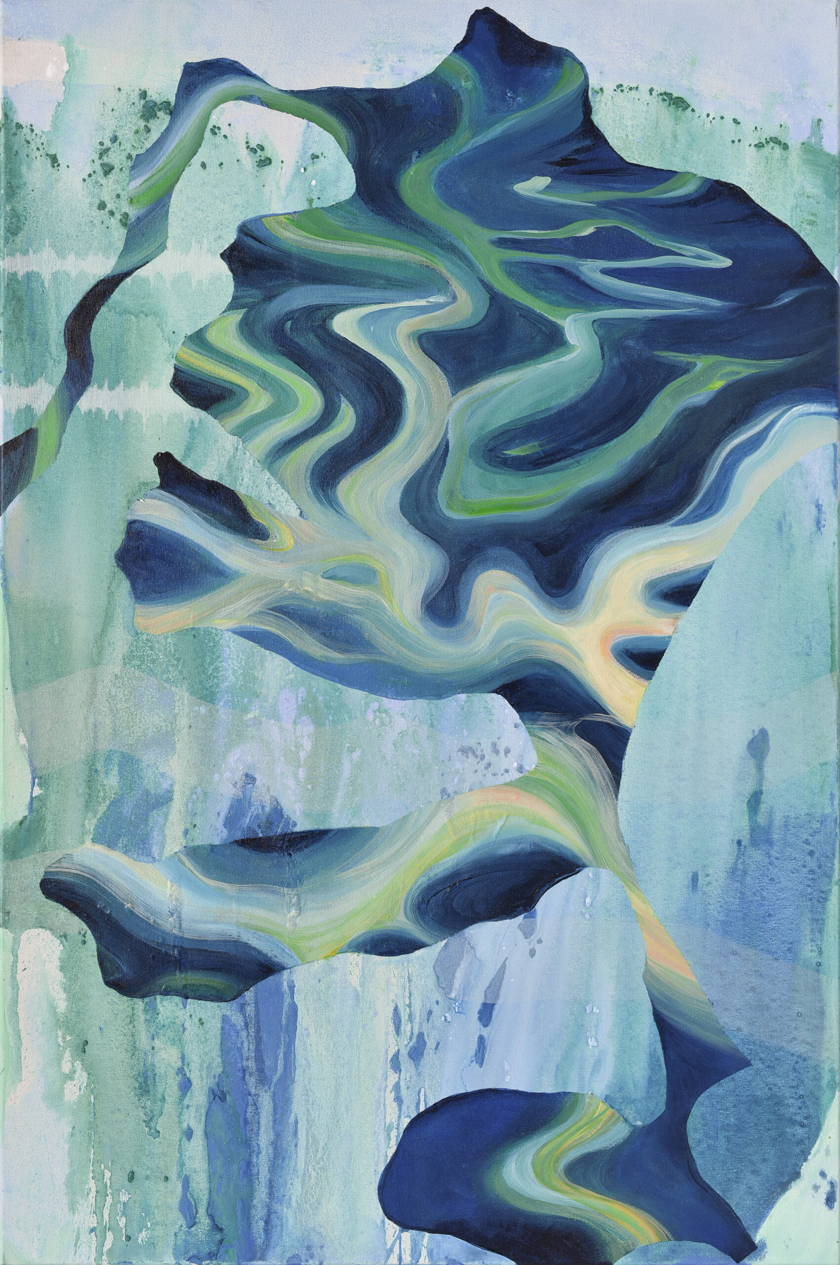 contemporary abstract ocean painting, featuring blue, green, pink and yellow tones evoking the ocean.