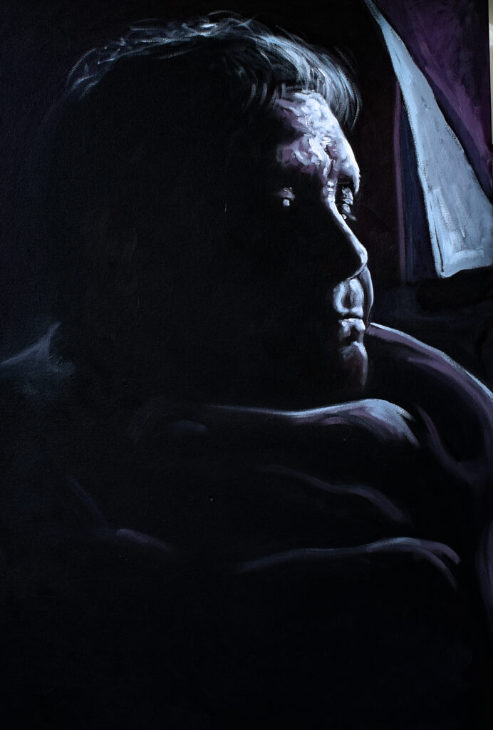 Evocative figure painting by Jesus Mejia, portraying deep shadow and light that illumates the face of the person in the focus of the canvas.