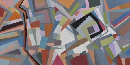 Structured abstract painting with subdued colour palette, by Jorge Murillo.