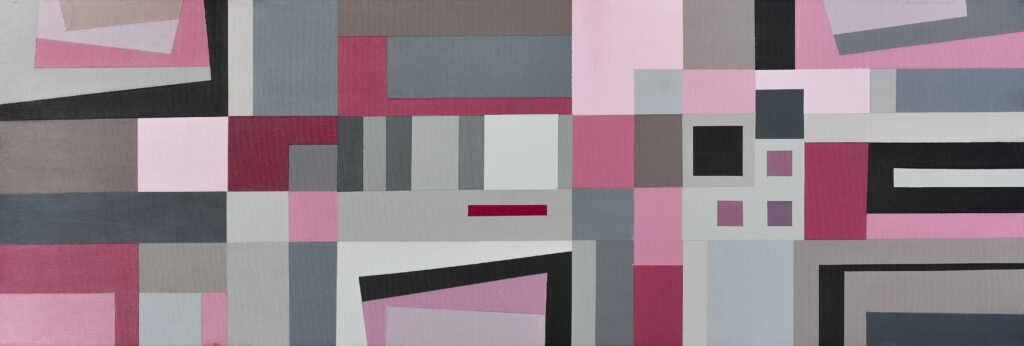 Pink geometric painting by Jorge Murillo, featuring a variety of geometric shapes in pink, black, brown and grey.