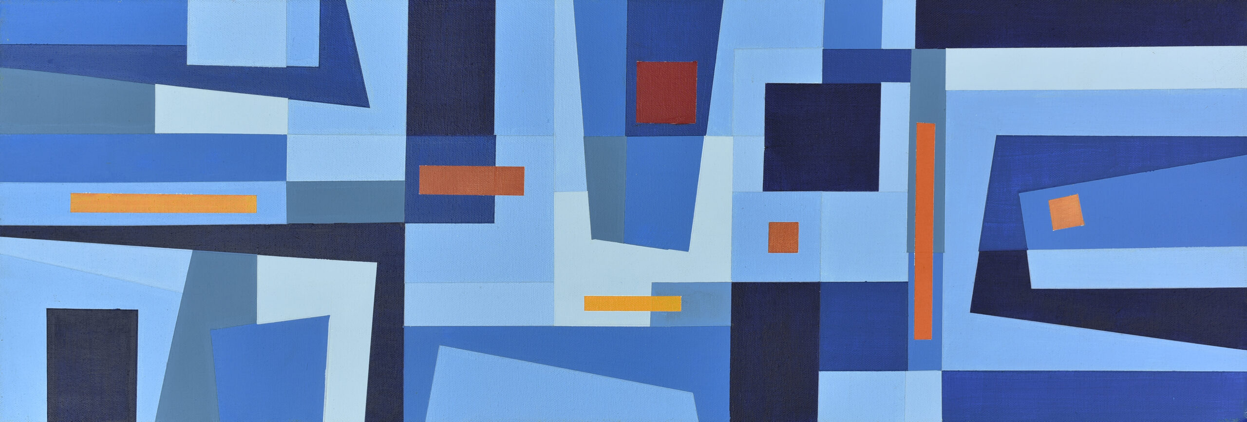 Blue geometric painting by Jorge Murillo, featuring a variety of geometric shapes in blue, black, grey, orange and red.