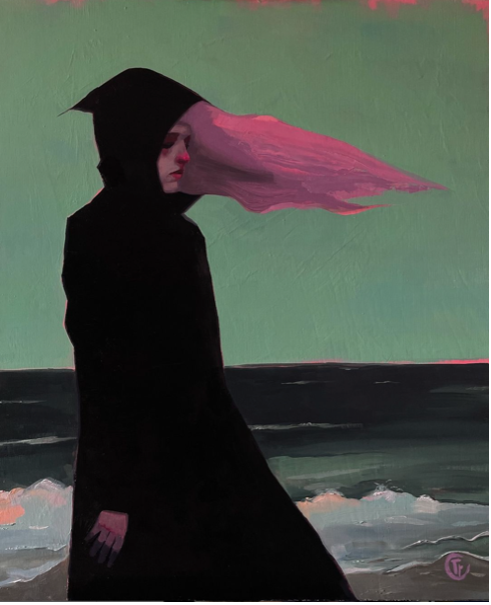 Painting of an enigmatic figure by the ocean, by Emilia Cantor. Inclusion at the Galeria Talentum exhibition in October 2024.