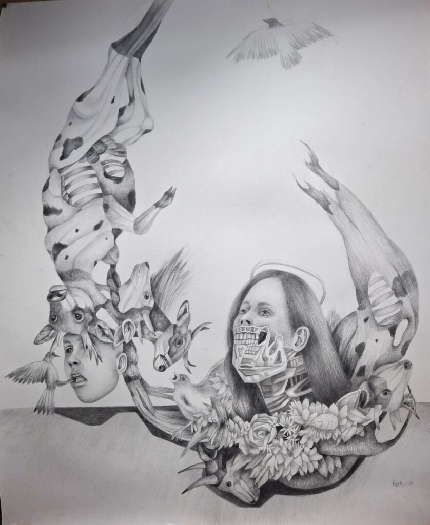 Intricate drawing featuring surreal, uncanny figures and forms, entwined together, by Pablo Mejias.