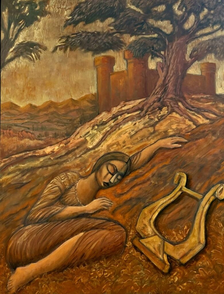 Brown and yellow painting of a woman lying on the ground, with a harp laid next to her, by Milo Gonzalez.