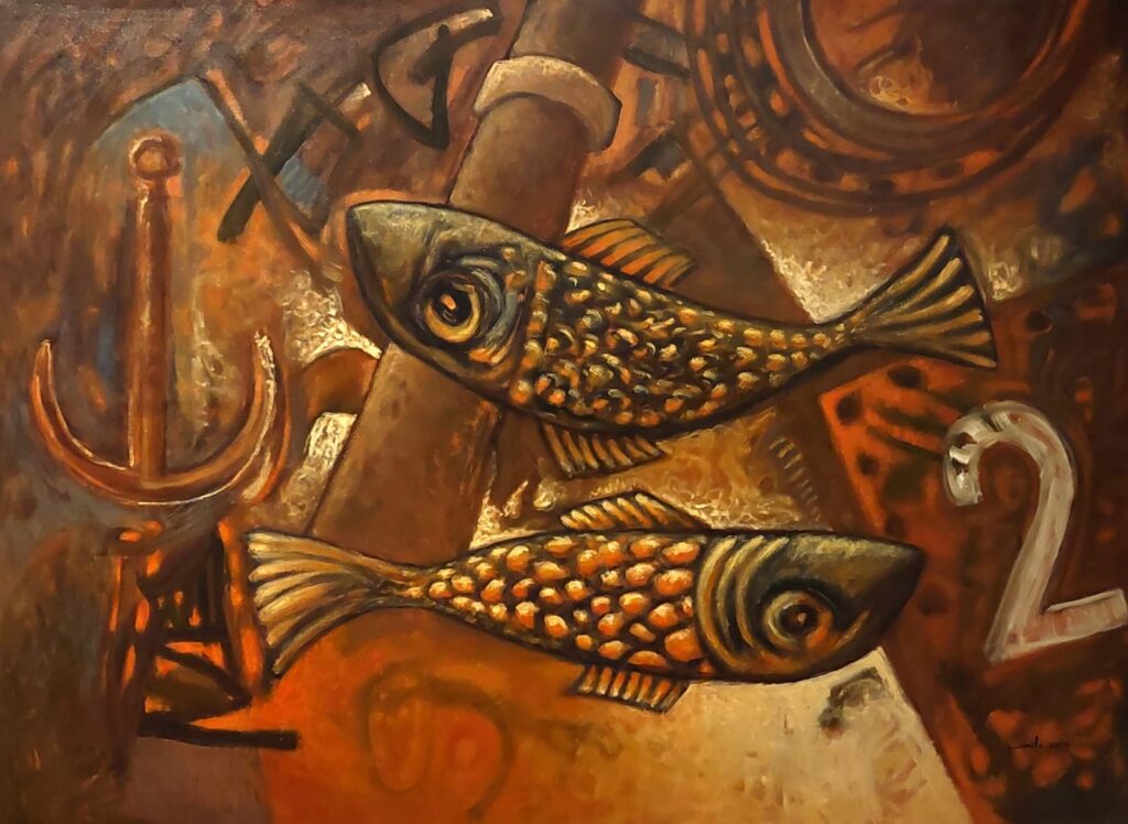 Brown and ochre abstract painting featuring fish, by Milo Gonzalez. Part of his new astrological art series.