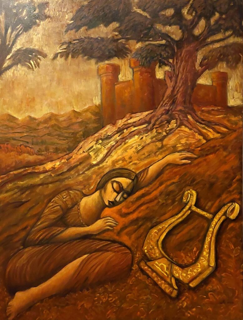 Brown and ochre figurative painting by Milo Gonzalez, featuring a woman lying on the ground by a harp, with a castle and tree in the background. part of Gonzalez's new astrological art series.