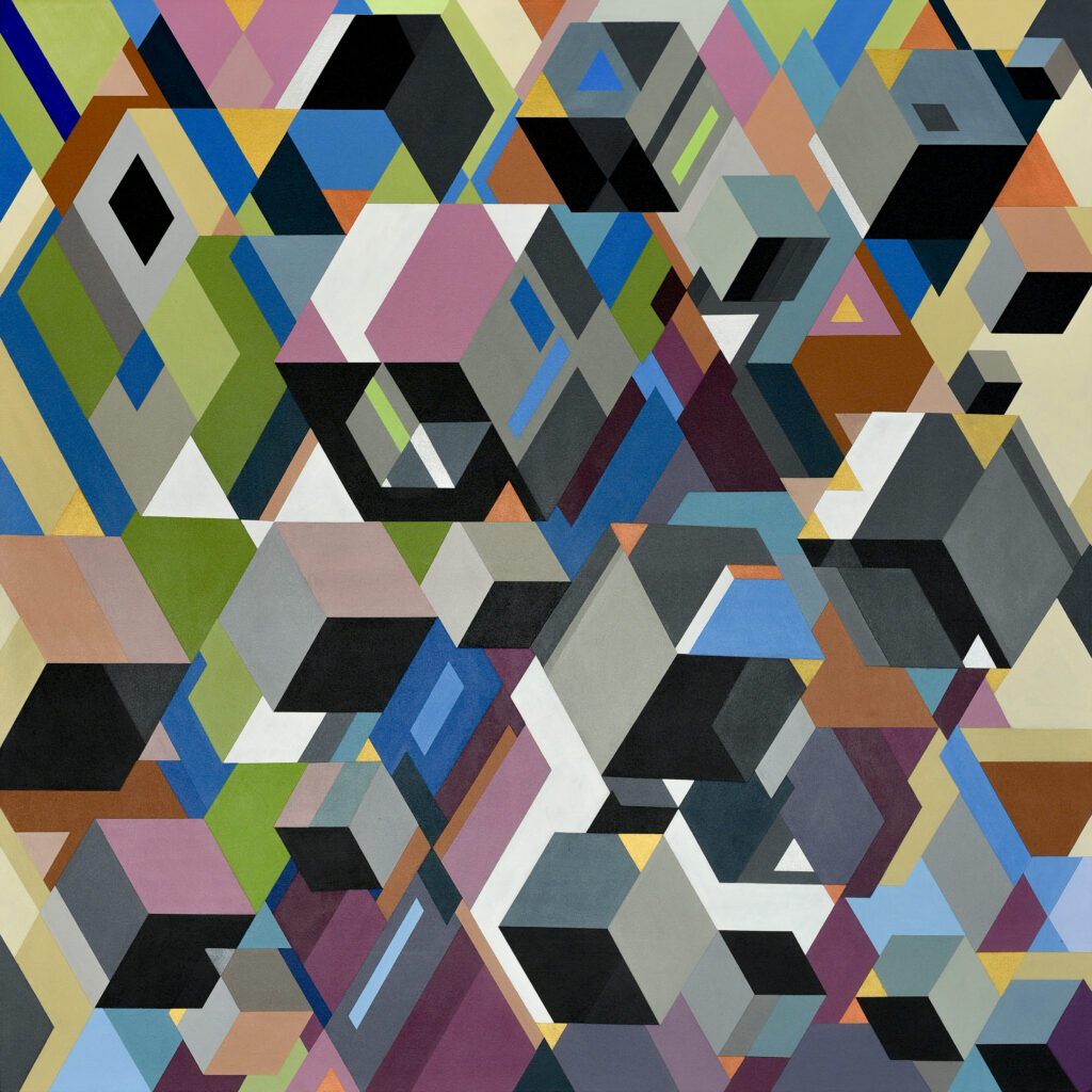 a dynamic geometric painting with squares and rectangles appearing to dance across the canvas.