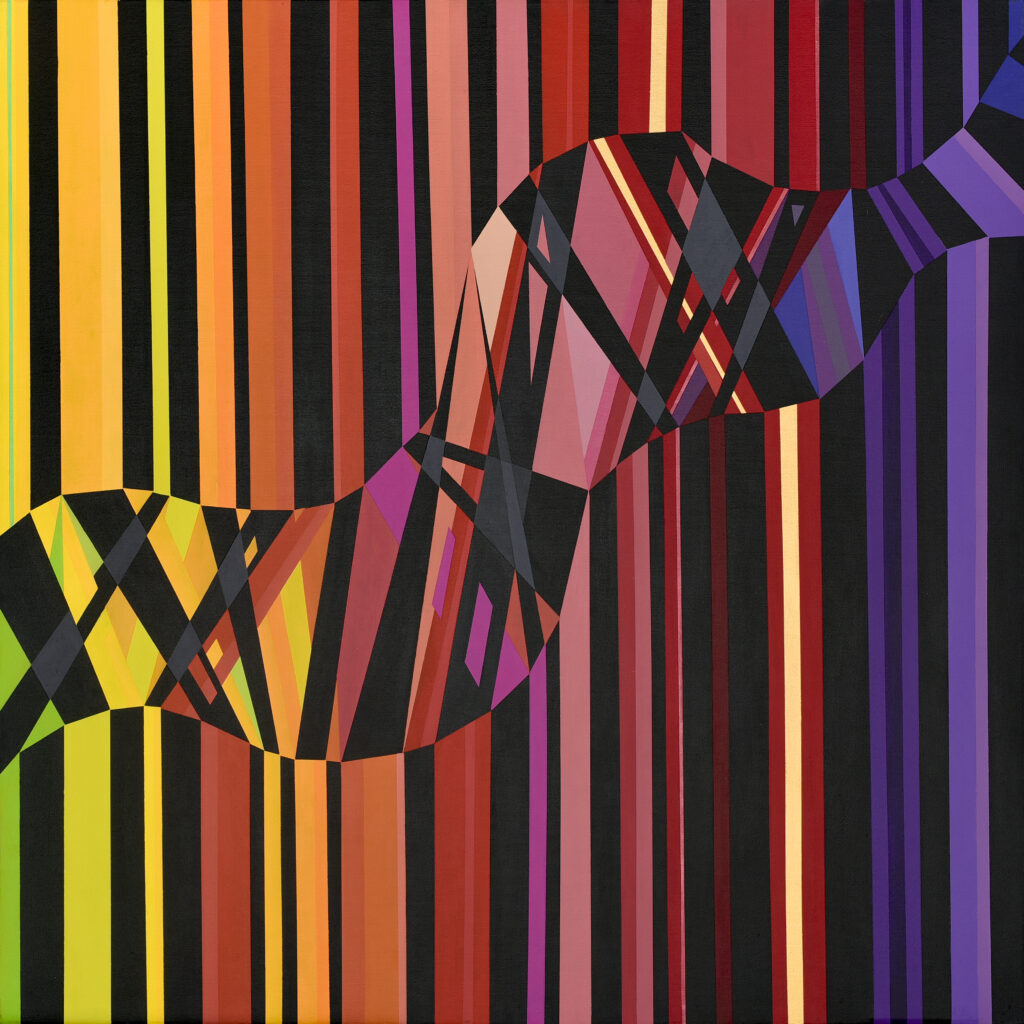 A striped geometric painting with pink, purple, yellow, orange and black vertical stripes, by Jorge Murillo.