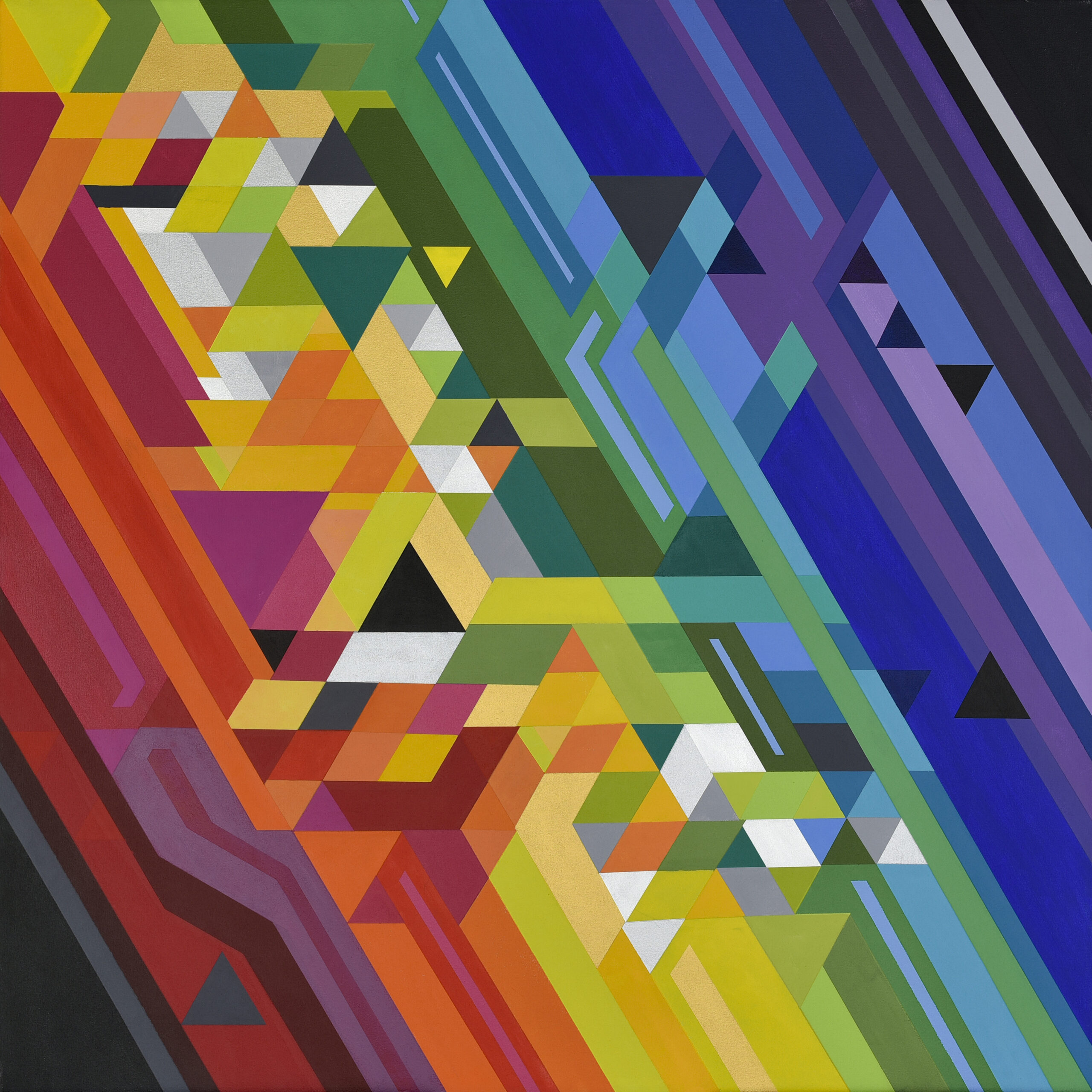 A bright and colourful diagonal geometric painting by Jorge Murillo.