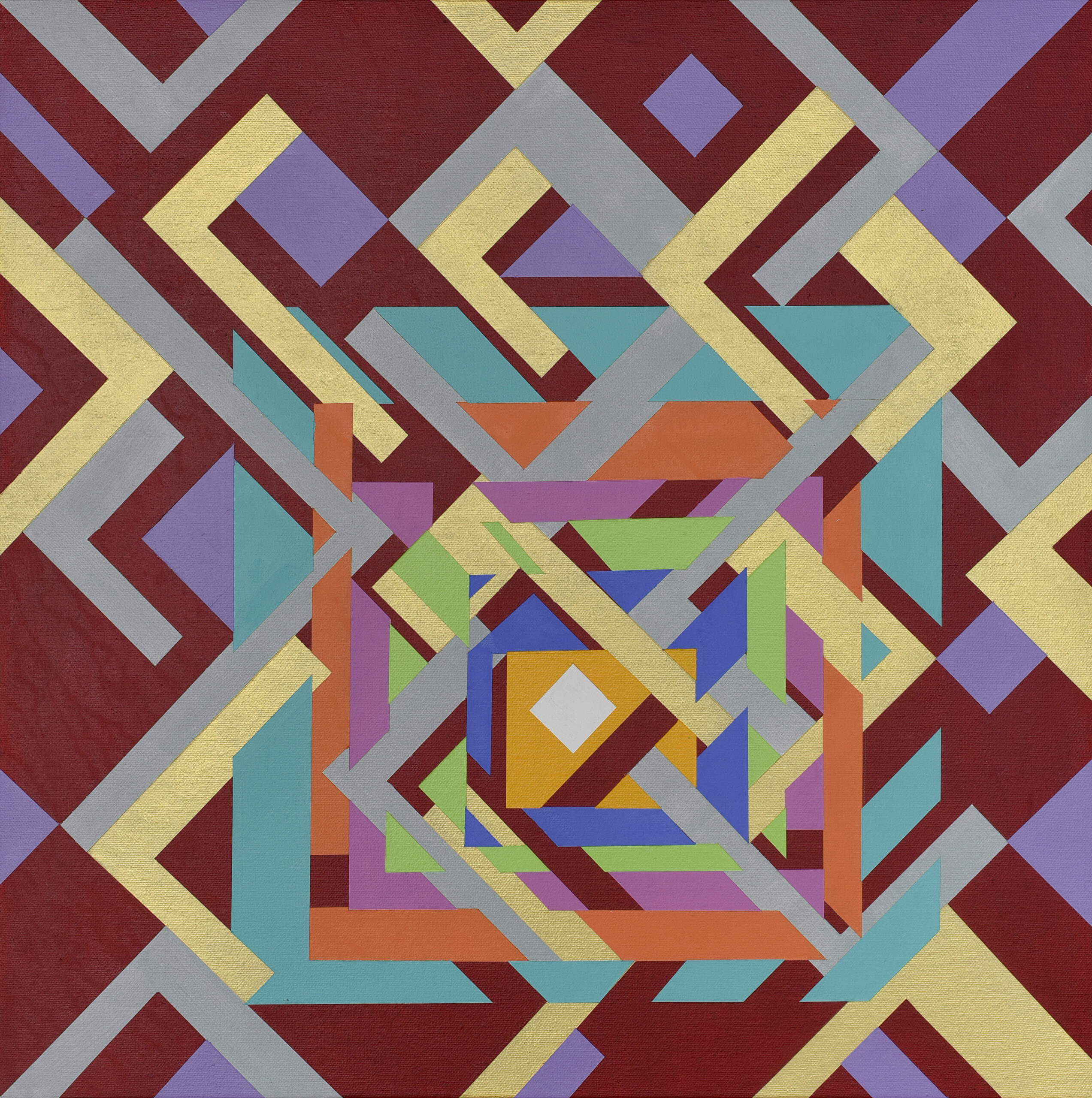 a layered abstract painting with browny red with yellow and purple streaks and turquoise and orange squares underneath.