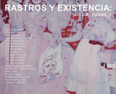 Pinky purple exhibition poster with a list of artists and artwork showing figures in the background, to advertise the show at abra.espacio in Costa Rica.