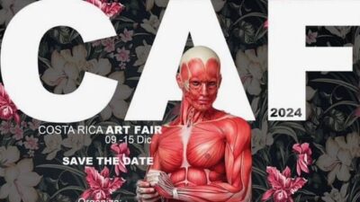 A striking digital poster unveils an anatomically detailed figure amid dark florals, crowned by bold “CAF 2024” and John Juric’s name. , an original work available at MÍRAME Fine Art.