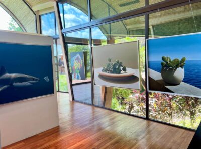 Andaz Art Week on the Papagayo Peninsula. Paintings hung on a wall and a window, with foliage behind.