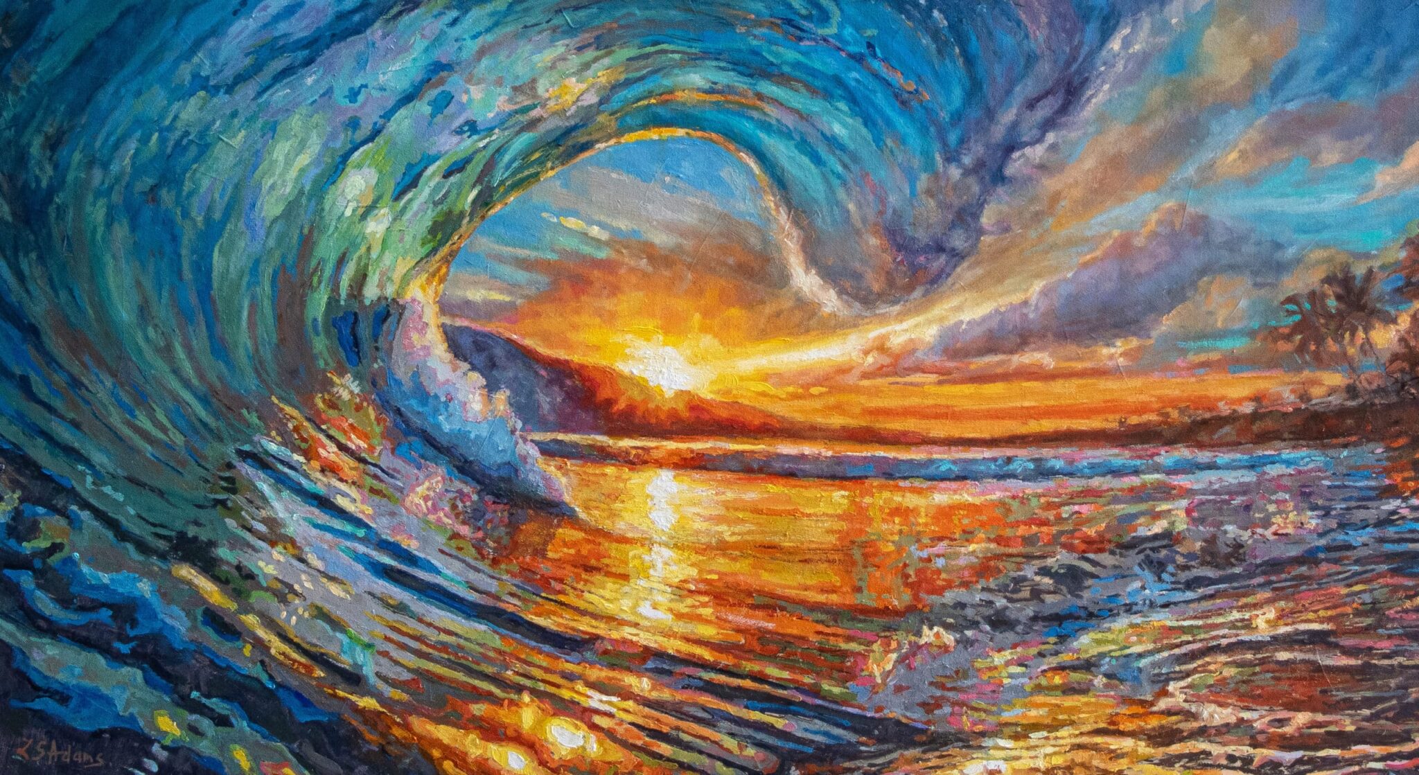 “Catch The Sun,” by a Guanacaste artist, depicts vivid blue-green waves beneath a radiant sunset and silhouetted palms along the shore. , an original work available at MÍRAME Fine Art.