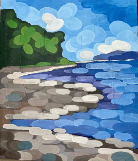 Playa 4 features rounded, layered brushstrokes: tan and brown shore, blue sea to horizon, verdant trees left, puffy clouds above. , an original work available at MÍRAME Fine Art.