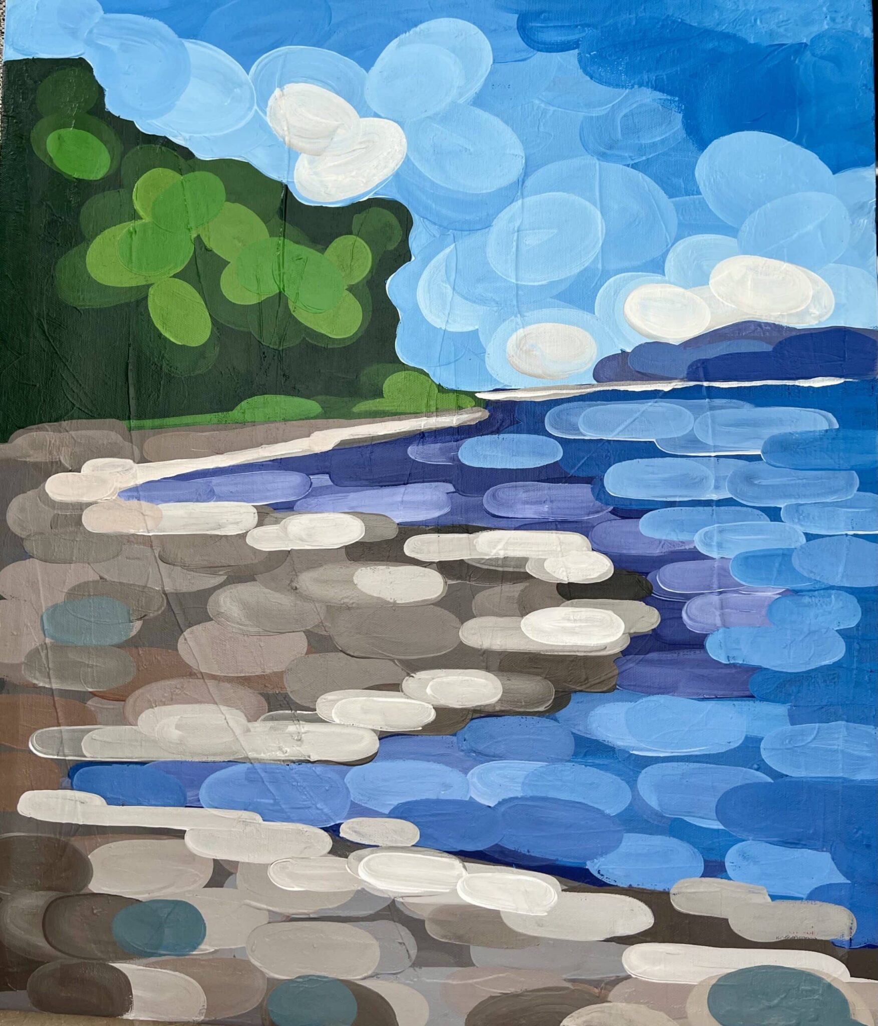 Playa 4 features rounded, layered brushstrokes: tan and brown shore, blue sea to horizon, verdant trees left, puffy clouds above. , an original work available at MÍRAME Fine Art.