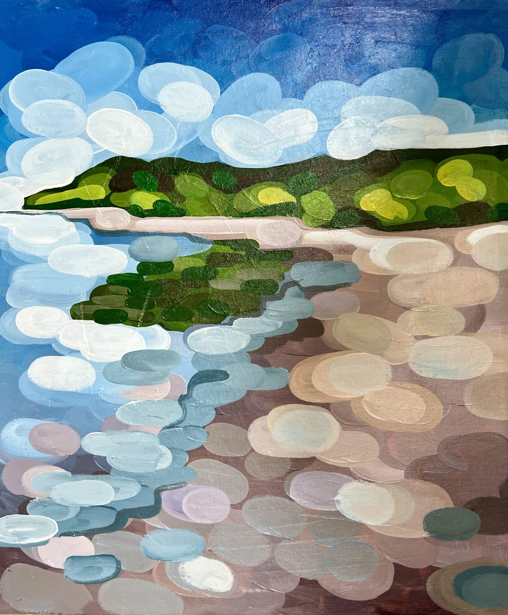 This vibrant seascape showcases Porras-inspired circular abstraction—a blue sky, clouds, and verdant headland in dynamic harmony. , an original work available at MÍRAME Fine Art.