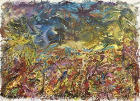 Title Campo Caliente, Expressionist painting with swirls of yellow, orange, red and blue, promoting the Aimée Joaristi exhibition.