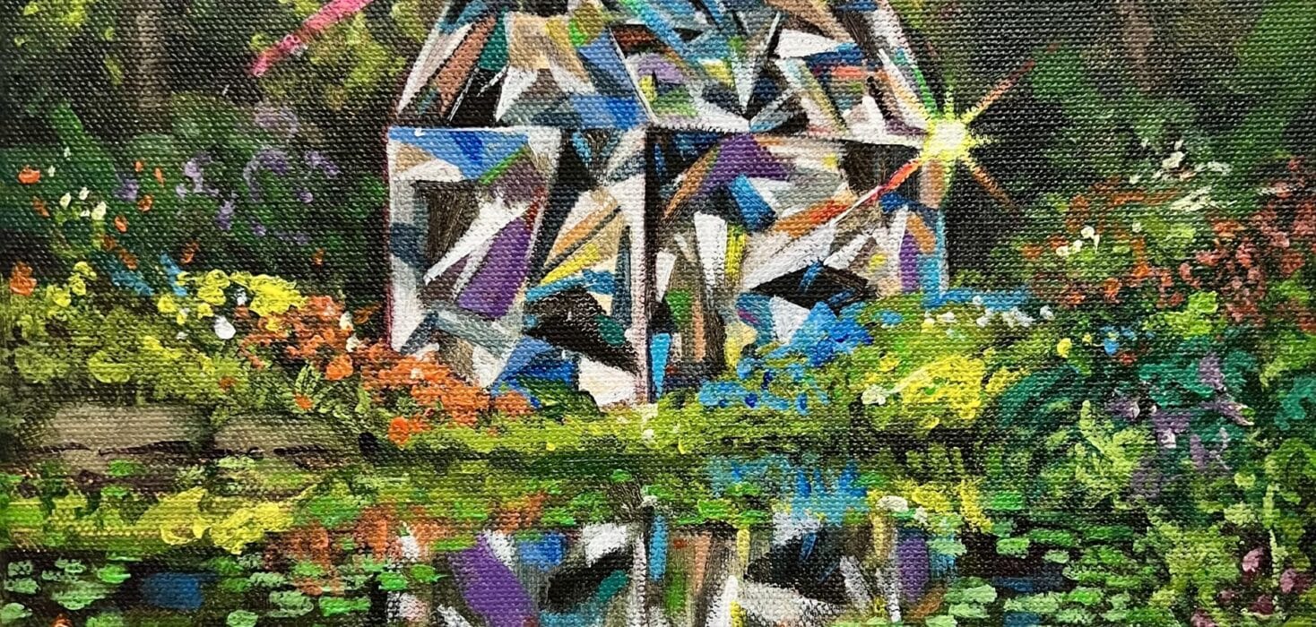 An example of Costa Rican surrealist landscape painting. Sparkling diamond house painting - a house looking like diamonds emerging from a bright, colourful forest background.