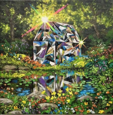 An example of Costa Rican surrealist landscape painting. Sparkling diamond house painting - a house looking like diamonds emerging from a bright, colourful forest background.