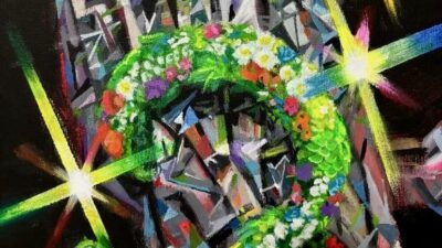 Magical, sparkling shapes and colours with a snakelike form made of plants and flowers, representing Costa Rica's landscapes