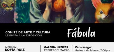 A painting of a girl staring out of the frame, with a background and pink flowers suspended. It's an uncanny and surreal painting by Sofía Ruiz, showing at Fábula, Galería Matices.