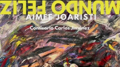 Dynamic abstract composition featuring bold, swirling strokes in rich hues; inverted yellow “MUNDO FELIZ” crowns the canvas. , an original work available at MÍRAME Fine Art.