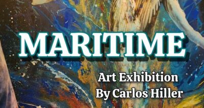 Prominent white and turquoise “MARITIME” lettering crowns refined text for Carlos Hiller’s GONA Gallery show atop abstract oceanic brushwork. , an original work available at MÍRAME Fine Art.