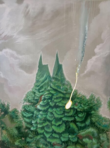 tuleh painting trees that look like a witches hat, set against a grey/brown background