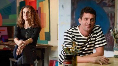 Two Future Fair artists portraits, a woman sat in a chair in front of bright geometric paintings and a man leaning on a desk in front of an abstract painting.