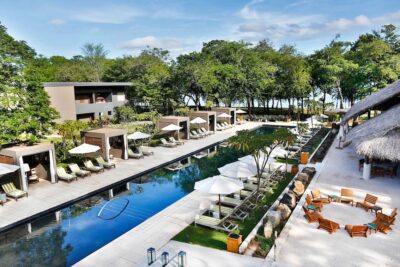 Aerial view of A pool with loungers either side, looking through trees towards the ocean. The location of Mangroove Art Week.